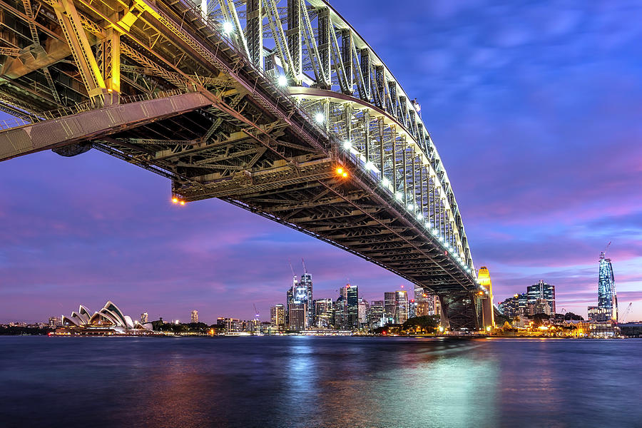 Australia, New South Wales, Sydney, Sydney Harbour Bridge And Central Business District (cbd) At Dusk Digital Art by Jeremy Edwards