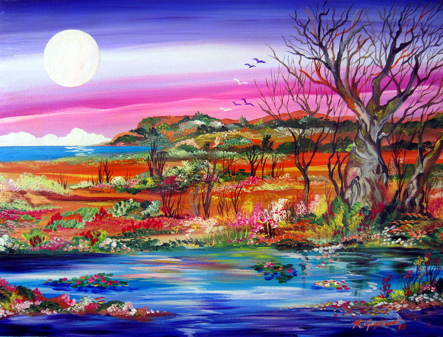 Australian Billabong under the moonight Painting by Roberto Gagliardi