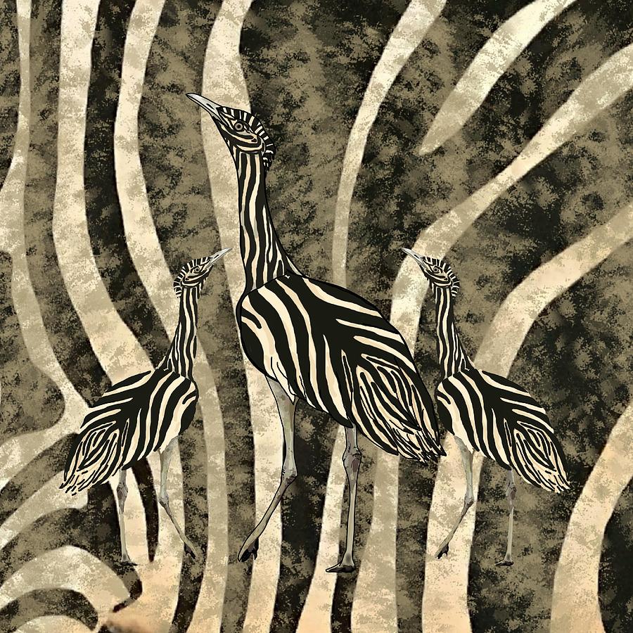 Zebra Australian Bustards in Zebra Camo  Mixed Media by Joan Stratton
