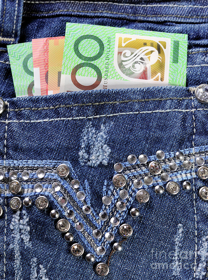 Australian money in back pocket of feminine ladies rhinestone de Photograph by Milleflore Images