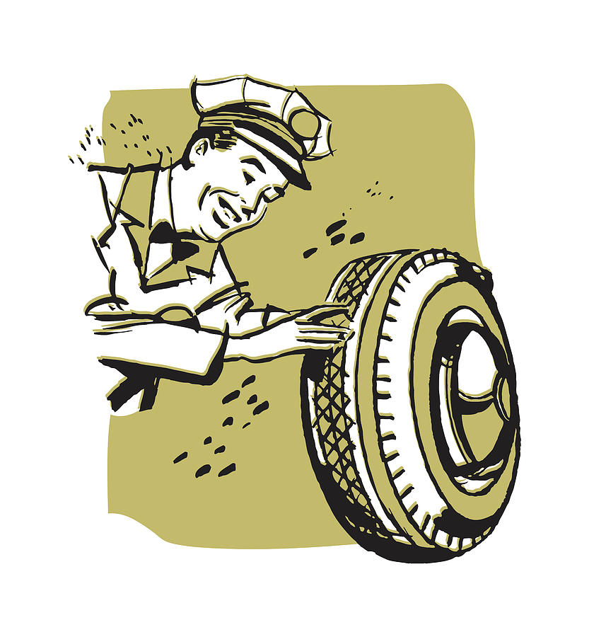 Transportation Drawing - Auto Mechanic with a Tire by CSA Images