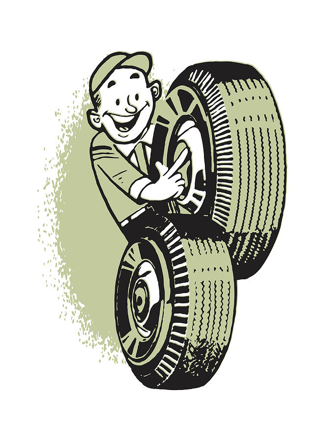 Transportation Drawing - Auto Mechanic with Car Tires by CSA Images
