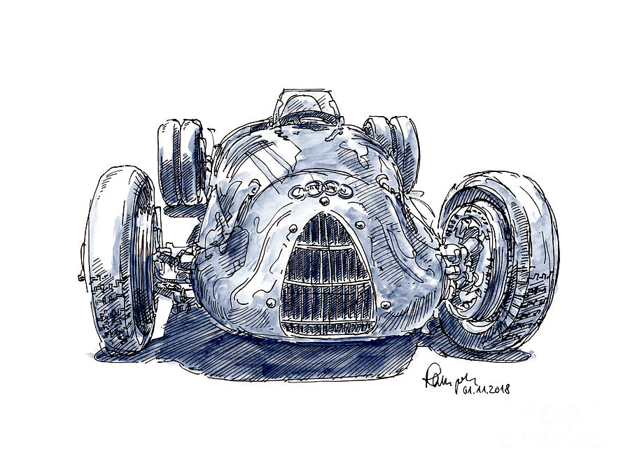 Car Drawing - Auto Union Typ C/D Classic Racecar Ink Drawing and Watercolor by Frank Ramspott