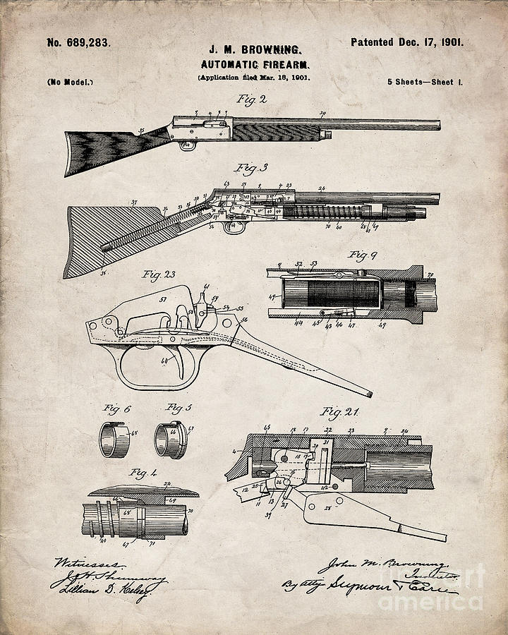 Automatic Rifle Patent, Browning Rifle Art - Antique Vintage Digital 