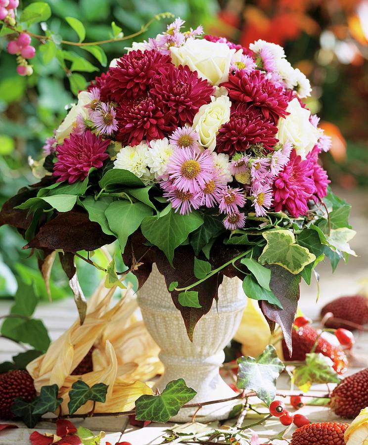 Autumn Arrangement Of Chrysanthemums, Asters, Roses And Ivy Photograph by Friedrich Strauss