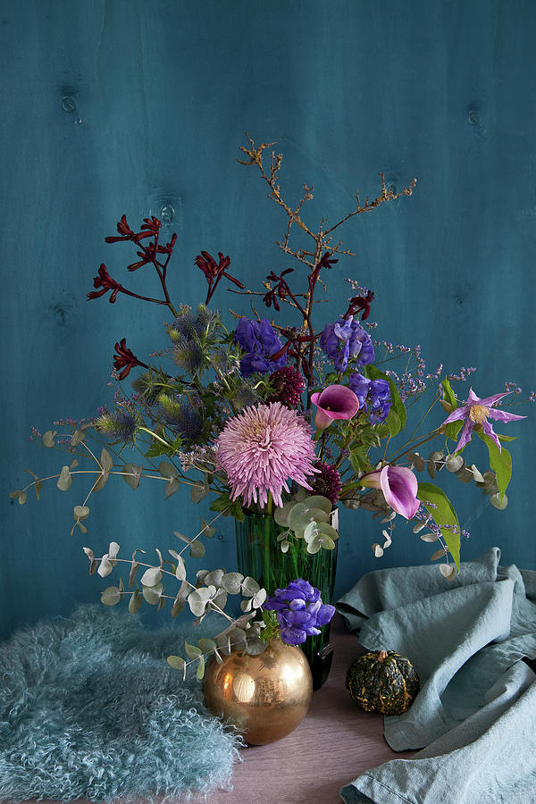 Autumn Arrangement Of Chrysanthemums, Calla Lilies, Gerbera Daisies, Monkshood, Eucalyptus, Clematis, Kangaroo Paw And Sea Lavender Photograph by Elisabeth Berkau