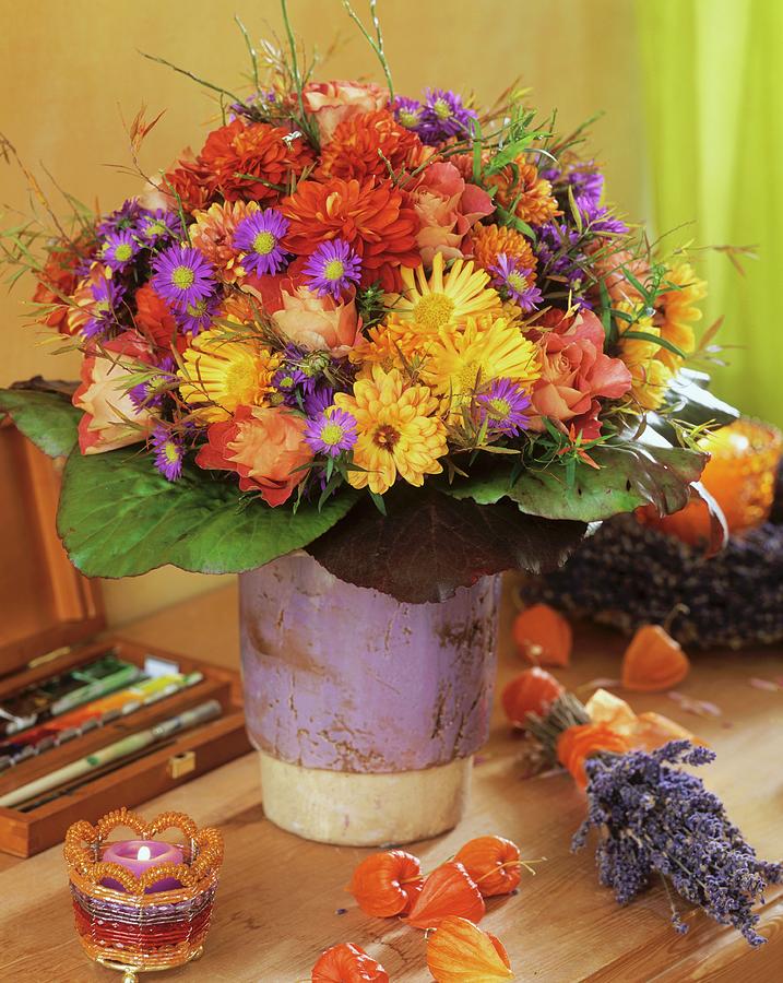 Autumn Arrangement Of Roses, Chrysanthemums And Asters Photograph by Friedrich Strauss