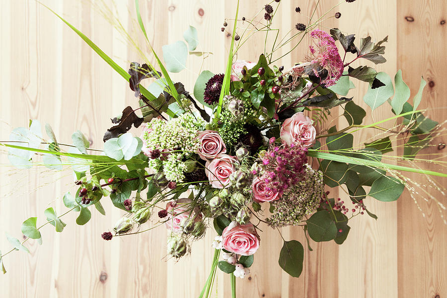 Autumn Bouquet With Roses, Eucalyptus, Love-in-a-mist Seed Heads, Great Burnet, Sedum, Pink Pepper And Chrysanthemums Photograph by Hej.hem Interior