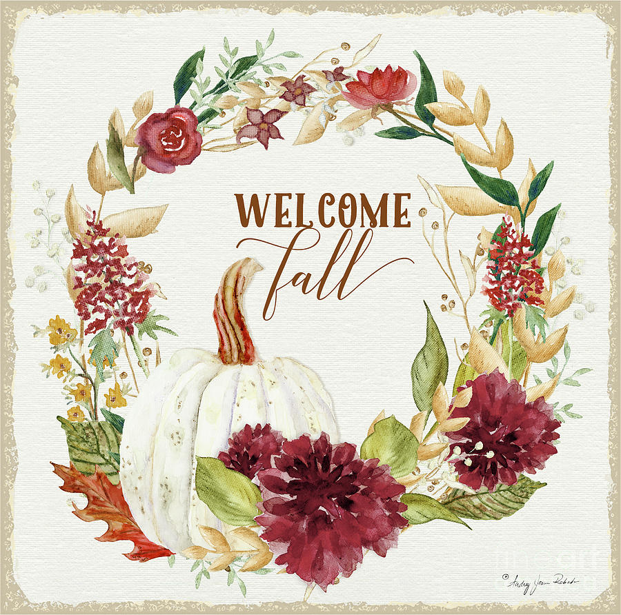 Autumn Celebration 1 - Welcome Fall White Pumpkin Floral Leaf Leaves Wreath Painting by Audrey Jeanne Roberts