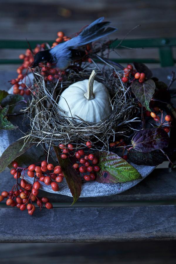 Autumn Centrepiece With Birds Nest And Pumpkin Photograph by Andre Baranowski