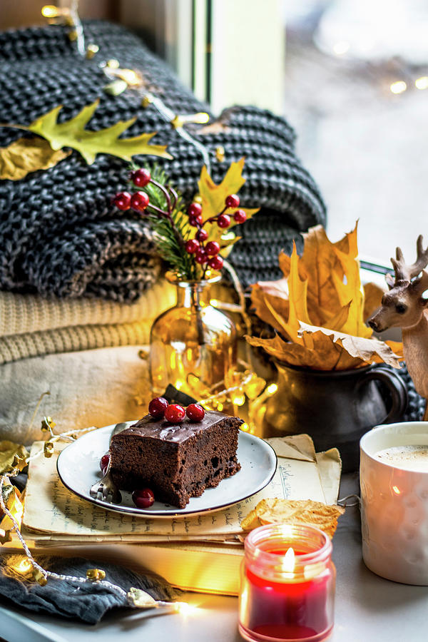 Autumn Chocolate Cake With Cranberry. A Moment Of Relaxation, Candles, Warm Sweaters And Autumn Leaves Photograph by Diana Kowalczyk