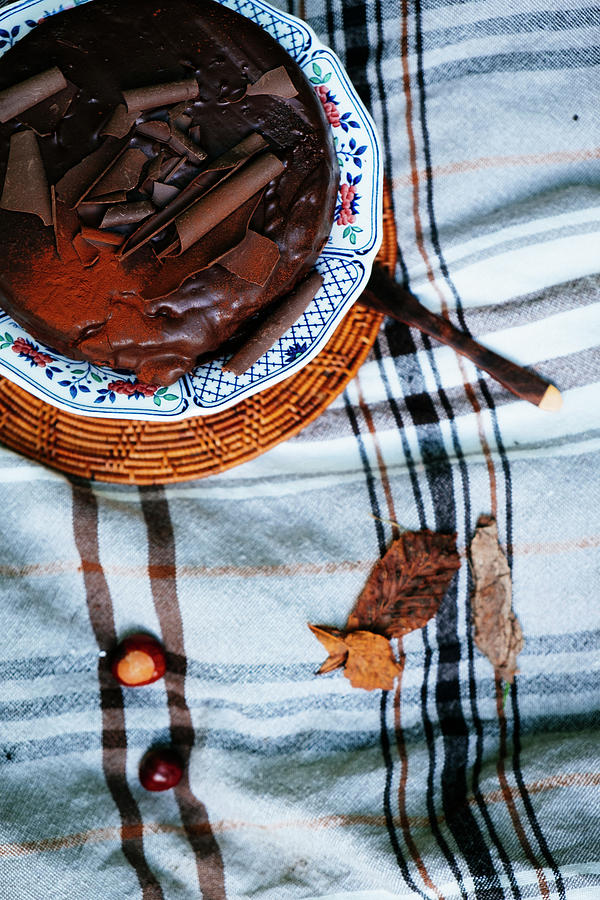 Autumn Chocolate Cake With Leaves Photograph by Lucie Beck