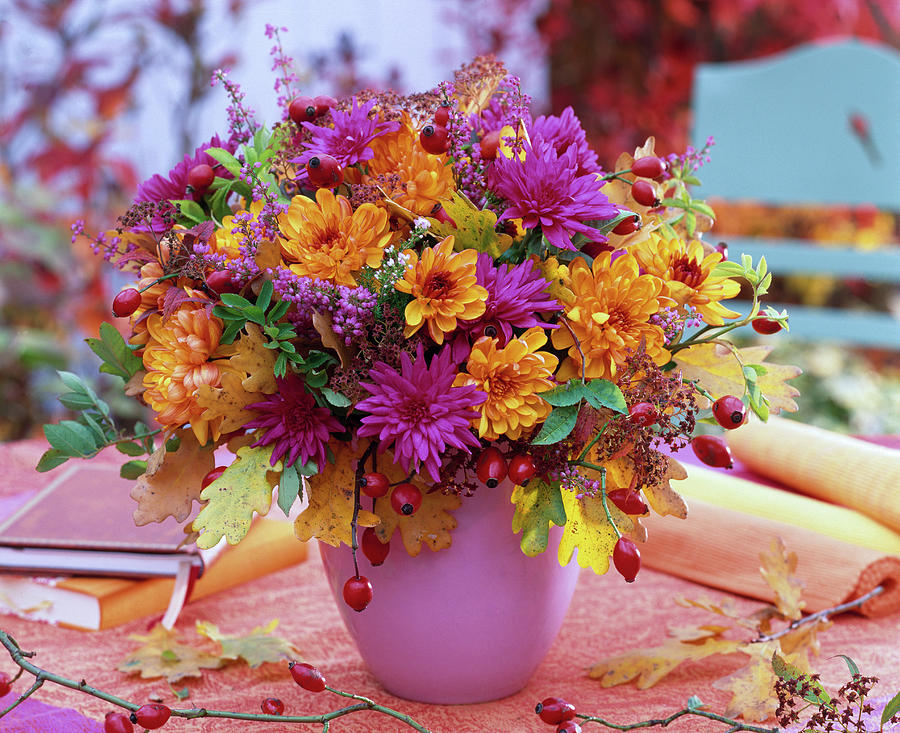 Autumn Chrysanthemums And Oak Leaves Bouquet Photograph by Friedrich Strauss