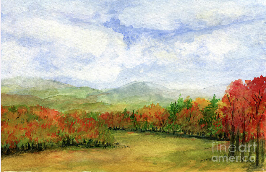 Autumn Day Watercolor Vermont Landscape Painting by Laurie Rohner