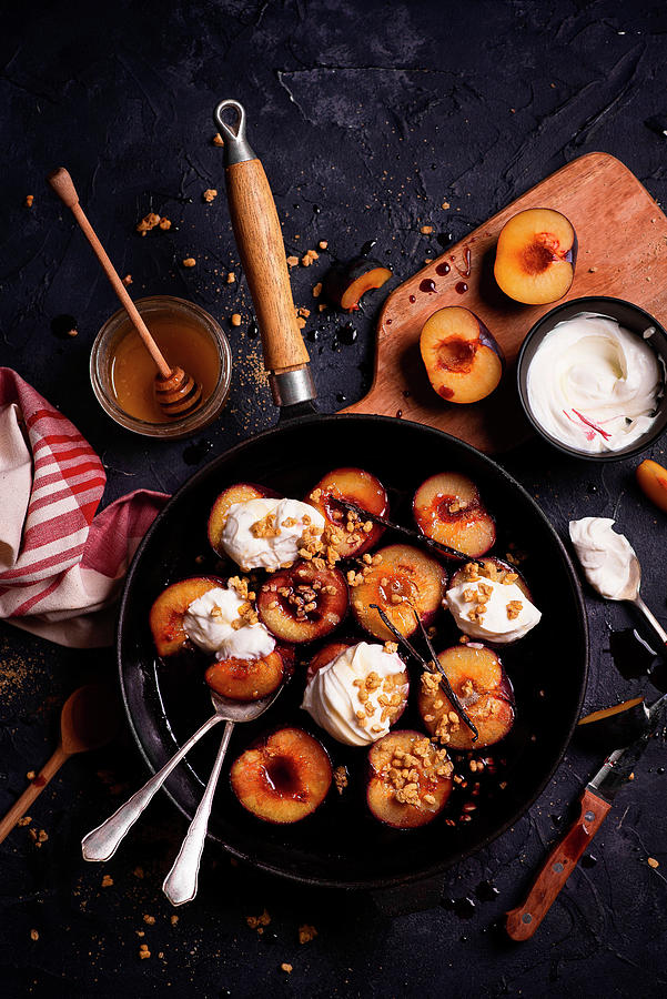 Autumn Dessert Of Baked Plums With Yogurt And Vanilla Photograph by Karolina Polkowska