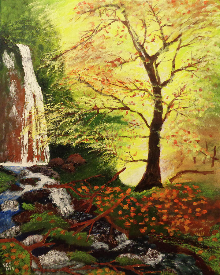 Autumn Waterfall Painting by Frank Littman