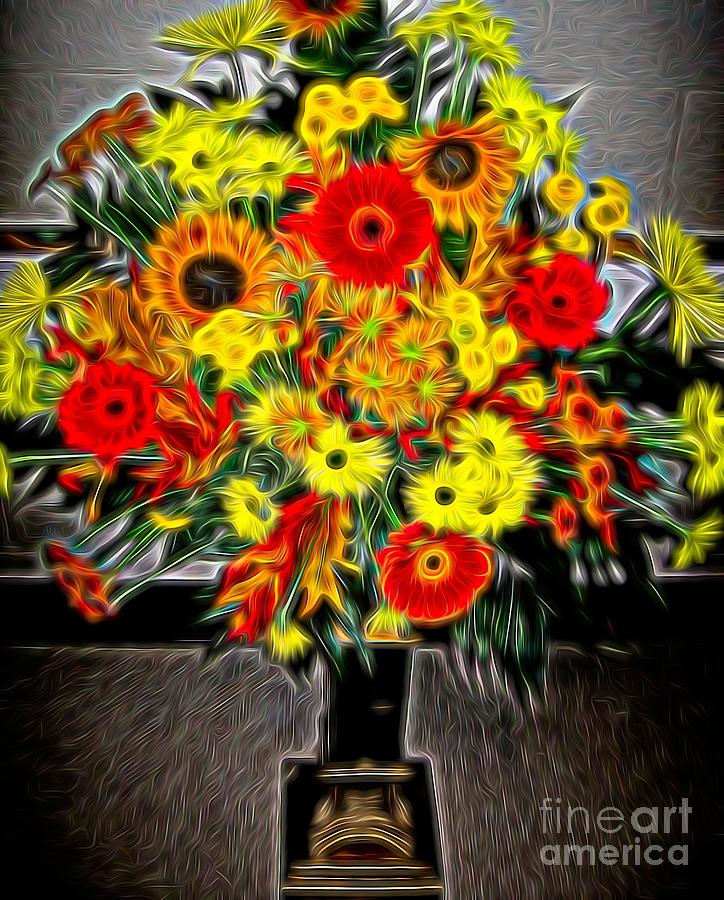 Autumn Floral Bouquet In Vase With An Abstract Brilliant On Black Effect Photograph