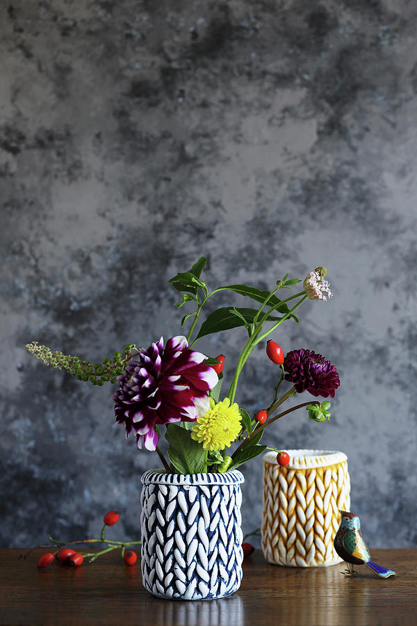Autumn Flowers In Vases Handmade From Braided Modelling Clay Photograph by Thordis Rggeberg