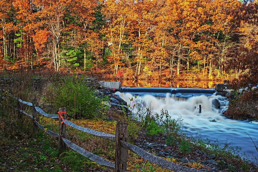 Autumn Foliage on Stearns Millpond in Sudbury MA Waterfall Photograph by Toby McGuire