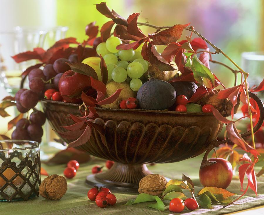 Autumn Fruit Bowl With Figs, Grapes And Nuts Photograph by Friedrich Strauss