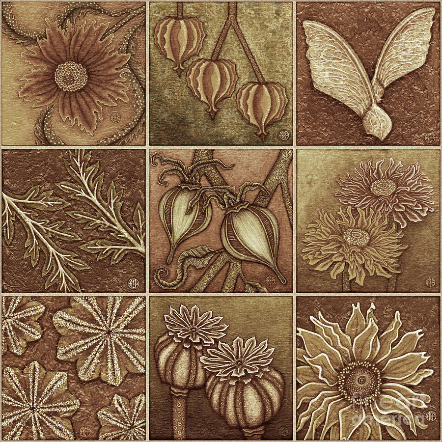 Autumn Garden Squares x 9 Browns Painting by Amy E Fraser