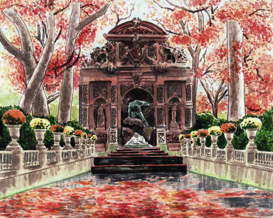Paris Painting - Autumn in Paris at the Luxembourg Gardens Medici Fountain by Laura Row