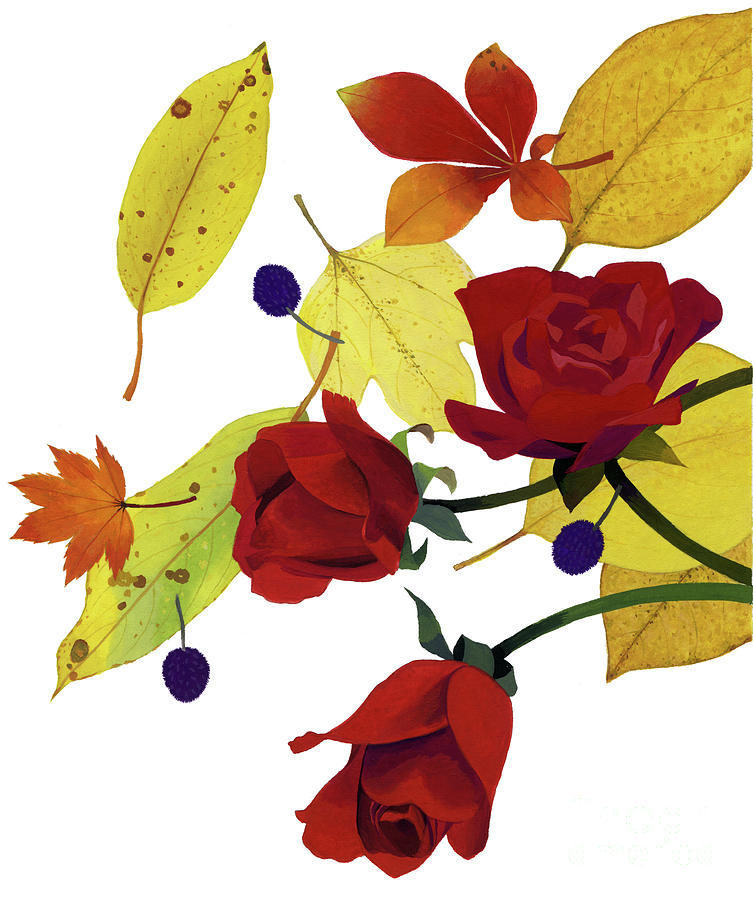 Autumn Leaves And Rose Painting by Hiroyuki Izutsu