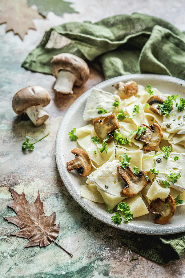 Autumn Pasta With Mushrooms, Camembert With Pepper And Parsley Photograph by Diana Kowalczyk