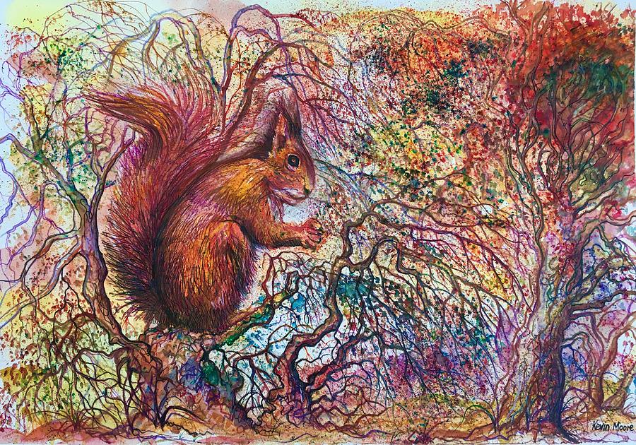 Autumn Red Squirrel Painting by Kevin Derek Moore
