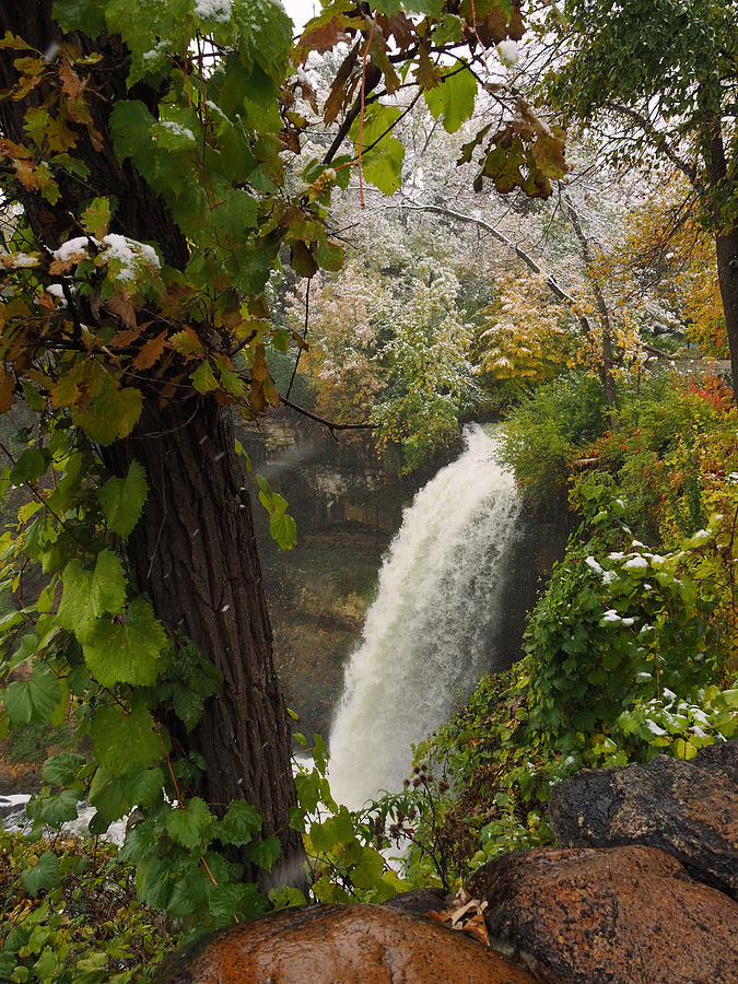 Nature Photograph - Autumn Snow Minnehaha Falls by Melissa Peterson