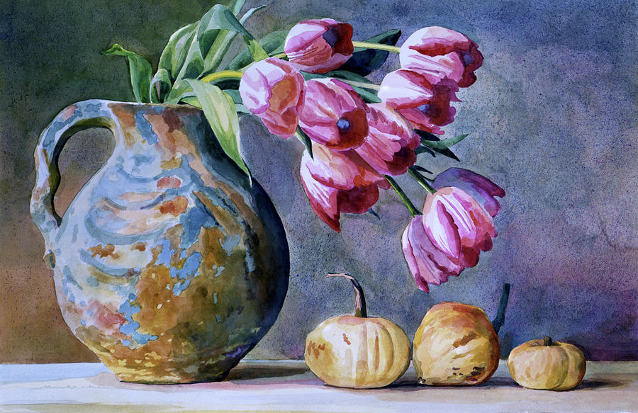 Autumn Squash And Flower Jug Painting by David Lloyd Glover