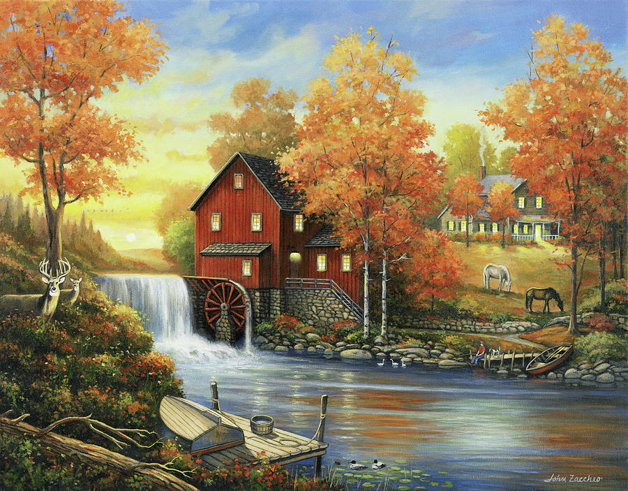 Fall Painting - Autumn Sunset At The Old Mill by John Zaccheo