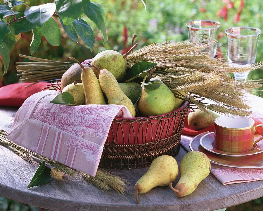 Autumn Table Decoration: Pears And Cereal Ears In Basket Photograph by Strauss, Friedrich