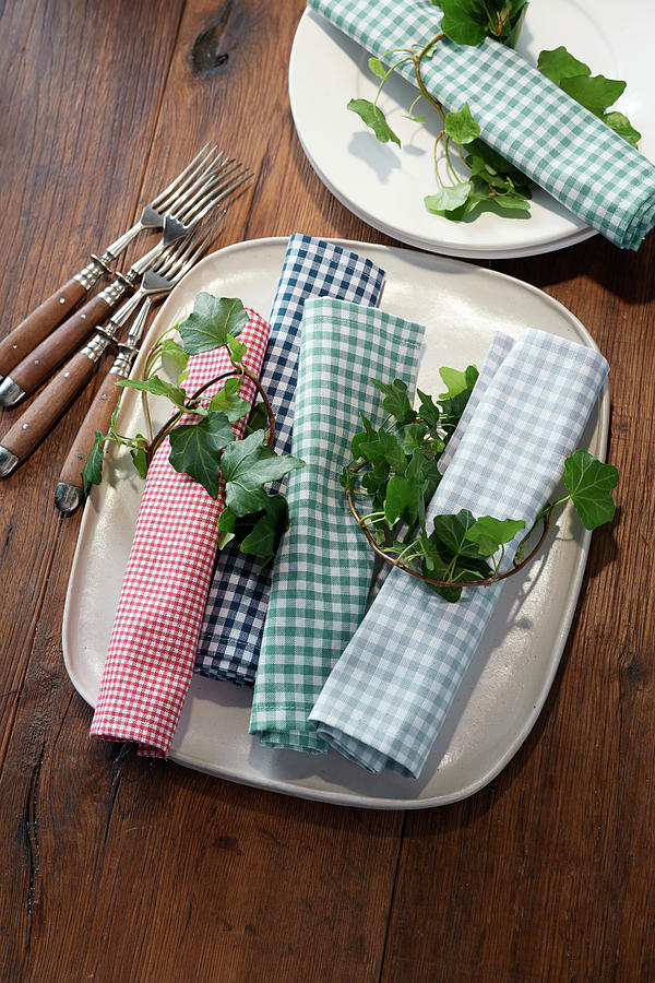 Autumn Table Setting With Ivy Branches And Checkered Napkins Photograph by Stockfood Studios /  Jan-peter Westermann
