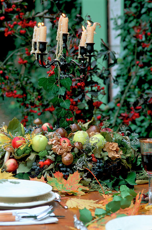 Autumn Table Wreath Of Fruit And Nuts Photograph by Strauss, Friedrich