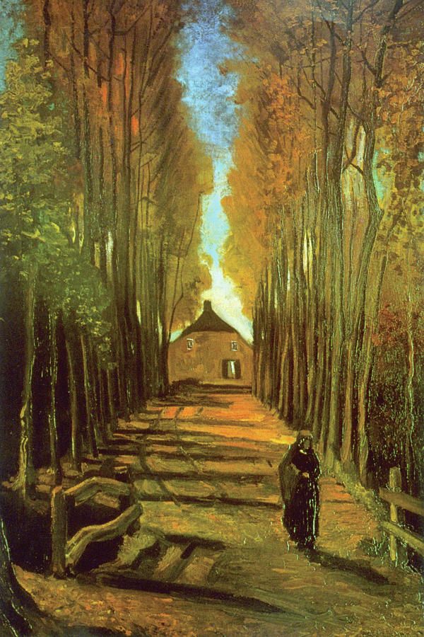 Autumn Tree Lined Lane Leading To A Farm House Painting By Vincent Van