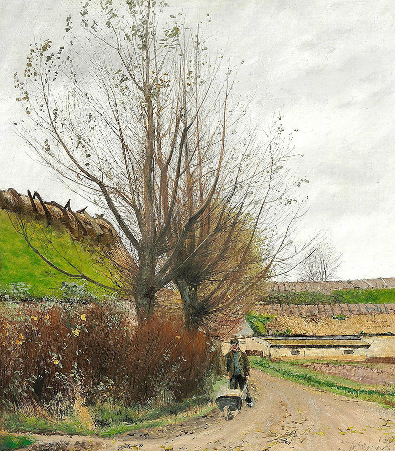 Autumn Weather. A Man with a Wheelbarrow on a Path Painting by Laurits Andersen Ring