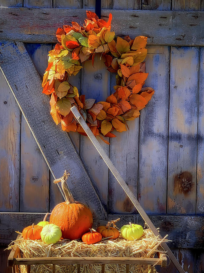 Autumn Wreath On Old Door  Photograph by Garry Gay