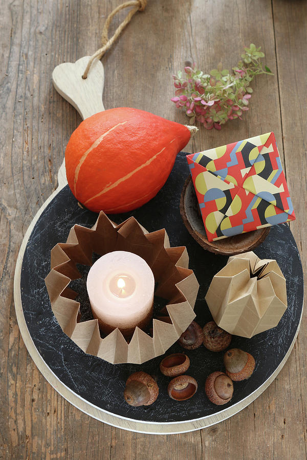 Autumnal Arrangement Of Origami Candle Holder, Pumpkin And Envelope Photograph by Regina Hippel