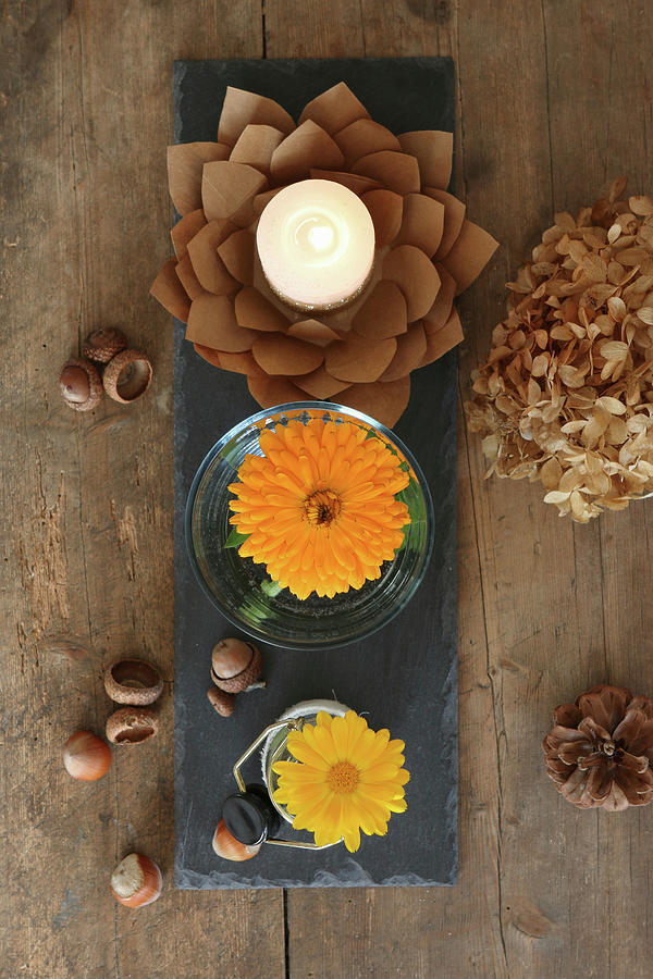 Autumnal Arrangement Of Yellow Pot Marigolds In Jars And Paper-flower Candle Holders Photograph by Regina Hippel