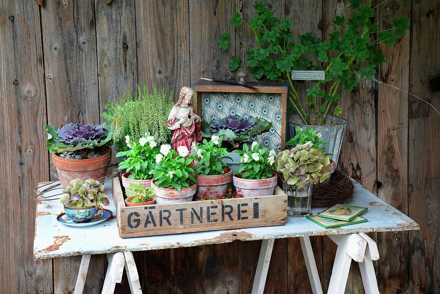 Autumnal Arrangement - Old Wooden Crate With Antique Jesus Figurine And Various Plants On Rustic Garden Table Made From Old Metal Sign And Wooden Trestles Against Board Wall Photograph by Revier 51