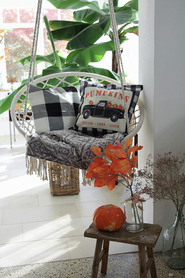 Autumnal Arrangement On Stool In Front Of Hanging Chair With Scatter Cushions Photograph by Sonja Zelano