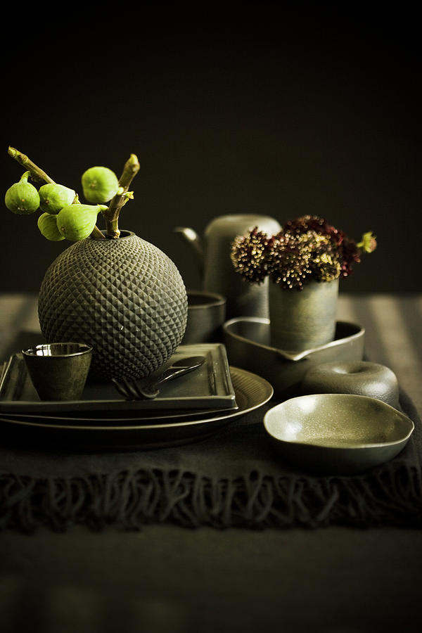 Autumnal Arrangement With Green Figs On Set Table Photograph by Colin Cooke