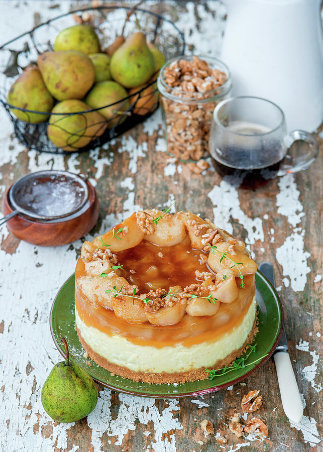 Autumnal Cheesecake With Pears And Walnuts Photograph by Irina Meliukh
