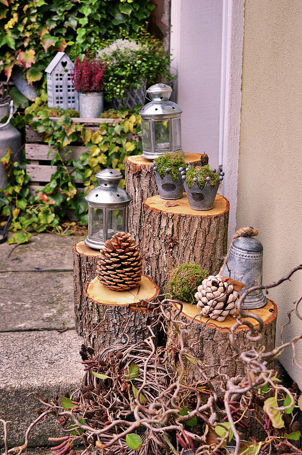 Autumnal Decoration With Lanterns And Cones On Tree Stumps Photograph by Christin By Hof 9