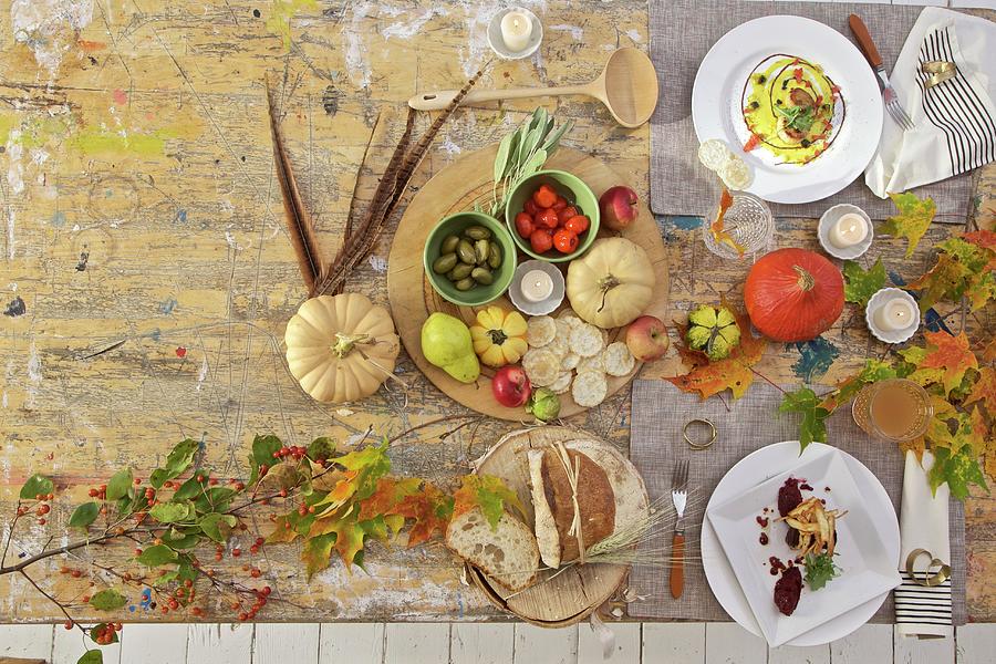 Autumnal Dining Table With Scallops And Fillet Of Beef seen From Above Photograph by Andre Baranowski