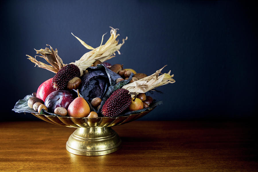 Autumnal Fruit Bowl With Vegetables, Corn On The Cob And Nuts Photograph by Christine Siracusa