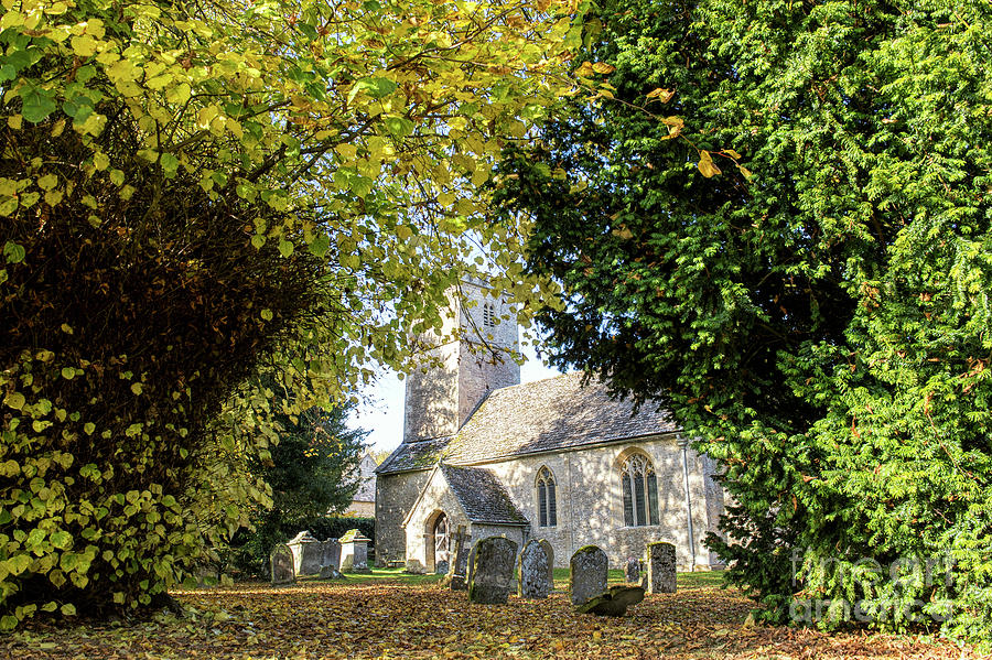 Tree Photograph - Autumnal Medieval Church in Coln Rogers by Tim Gainey