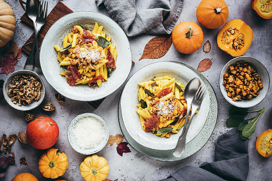 Autumnal Pumpkin Pasta With Sage And Ham Photograph by Christian Kutschka