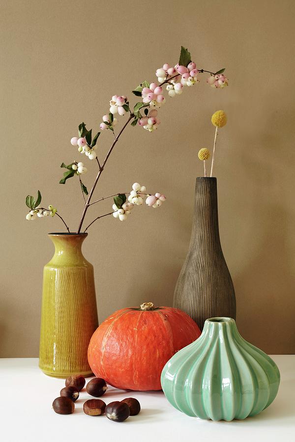Autumnal Still-life Arrangement Of Vases, Sprig Of Flowers, Hokkaido Pumpkin And Chestnuts Photograph by Lioba Schneider Fotodesign